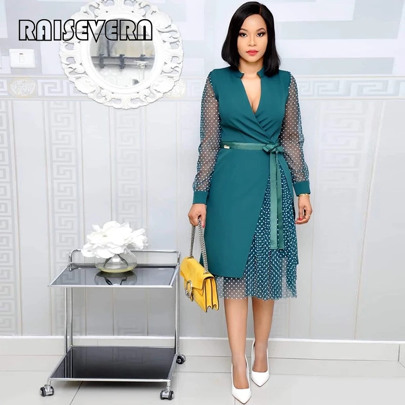 Women Dress Mesh Patchwork Polka Dot Dresses Long Sleeves Waist Belt Office Lady Modest Female Vestidos Large Size | Женская одежда