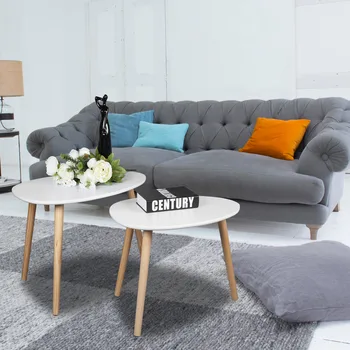 

2 pcs Modern Round Wood Center Table Living Room Furniture Contemporary Sofa Side Table Wooden Casual Tea Table