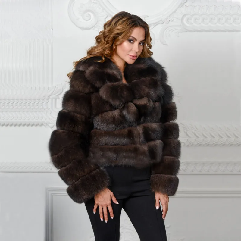 

FURSARCAR 2019 New Women's Winter Real Fox Fur Striped Sable Color Fashion Natural Real Fox Fur With Big Collar Fur Short Coat