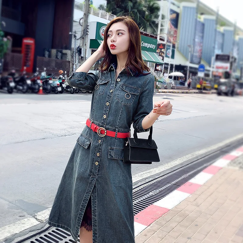 

2019 Spring Clothing New Style Mid-length Lace Joint Half-sleeve Shirt Denim Skirt Korean-style Slim Fit Slimming Fashion Dress