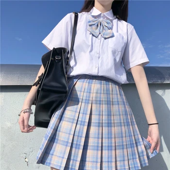 

Japanese college style navy collar all-match shirt high waist retro plaid pleated skirt JK uniform suit female summer
