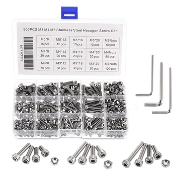 

304 Stainless Steel Hexagon Screw Set 500Pcs M3 M4 M5 Hex Socket Head Cap Screws Assortment Set Kit