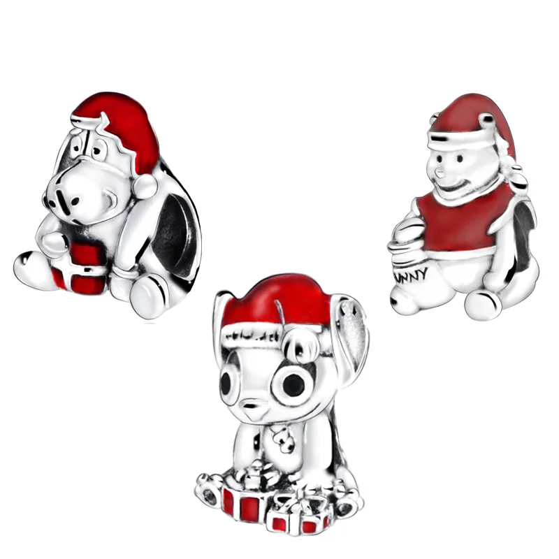 

2019 Winter 925 Sterling Silver Beads Stitch Winnie Eeyore Christmas Charm fit Original Pandora Bracelets Women DIY Jewelry