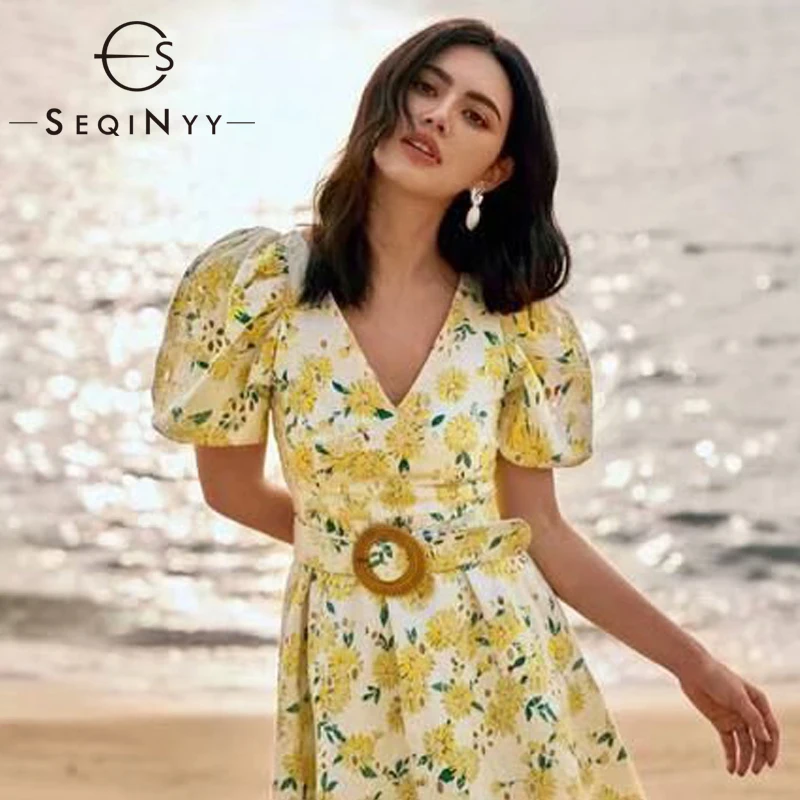 

SEQINYY Bohemia Dress 2020 Summer Spring New Fashion Design Women Short Puff Sleeve Embroidery Flowers V-neck Print Dress