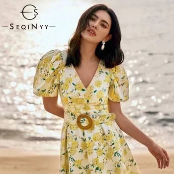 

SEQINYY Bohemia Dress 2020 Summer Spring New Fashion Design Women Short Puff Sleeve Embroidery Flowers V-neck Print Dress