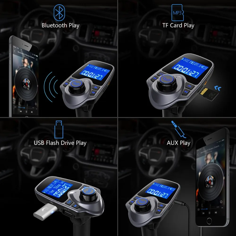 VicTsing FM Transmitter MP3 Player Car Bluetooth Handsfree Car Kit MP3 Car Radio Audio Adapter with Dual USB 2.1A USB Charger    (9)