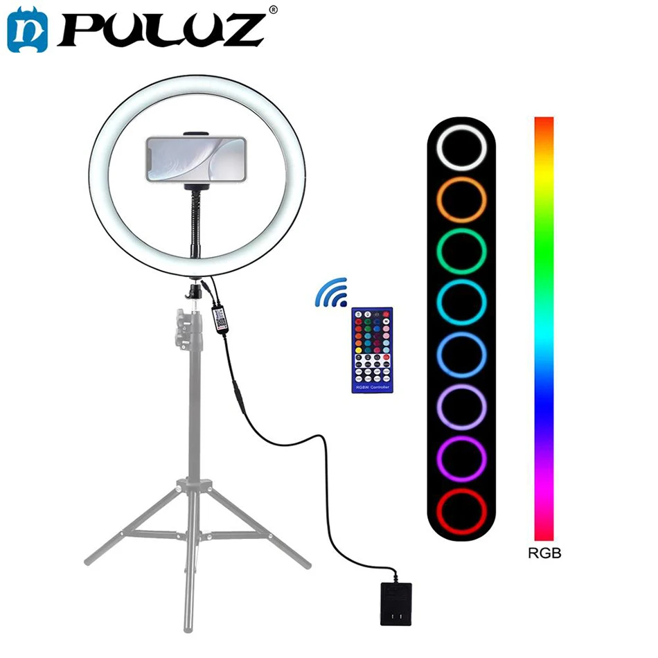 

PULUZ 12 Inch Photography Dimmable LED Ring Light Vlogging Selfie RGB Full Color Video Light &Cold Shoe Tripod Head &Phone Clamp