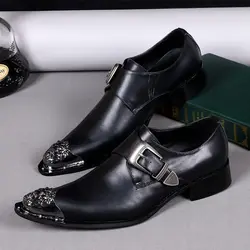 Кристиа Белла; черные классические туфли в британском стиле с металлическим резным узором и острым носком; Туфли на ремешке с пряжкой;