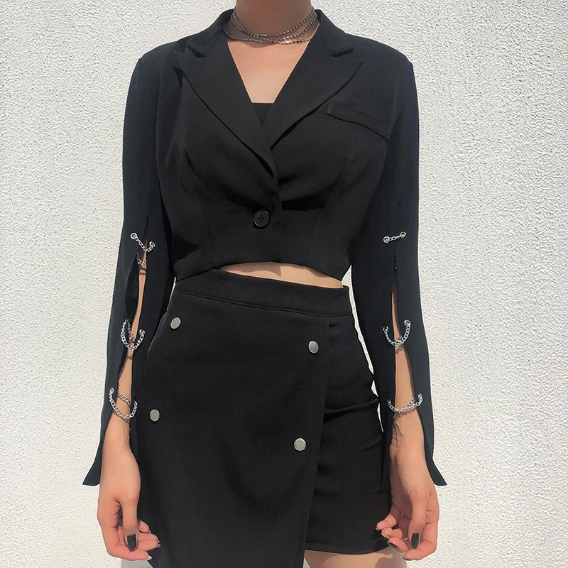Harajuku Punk Black Cropped Blazer Women Split Long Sleeve Short Jackets Ladies Casual Streetwear Slim Blazer Gothic Coat Autumn