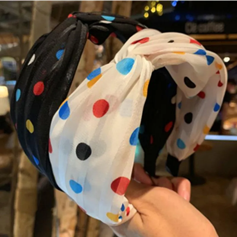 

Women Handmade Chiffon Fabric Hairband Colorful Dots Print Headband Ladies Wide Cross Head Band Adults Hair Accessories