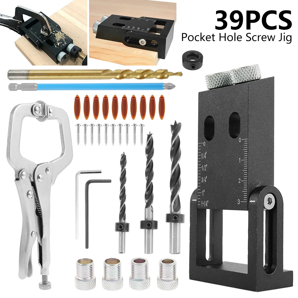 39pcs Pocket Hole Screw Jig Drill Bit Angle Locator Joinery Woodworking Drilling Guide Positioner Carpentry Tool Drive Adapter |