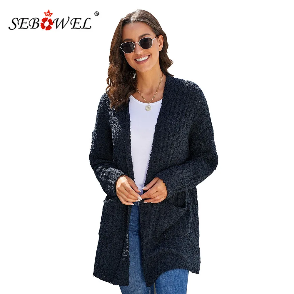 ^Cheap SEBOWEL Autumn Winter 2019 Woman Popcorn Knit Long Cardigans Sweaters Female Knitwear Coat with Pockets Loose Casual Cardigan