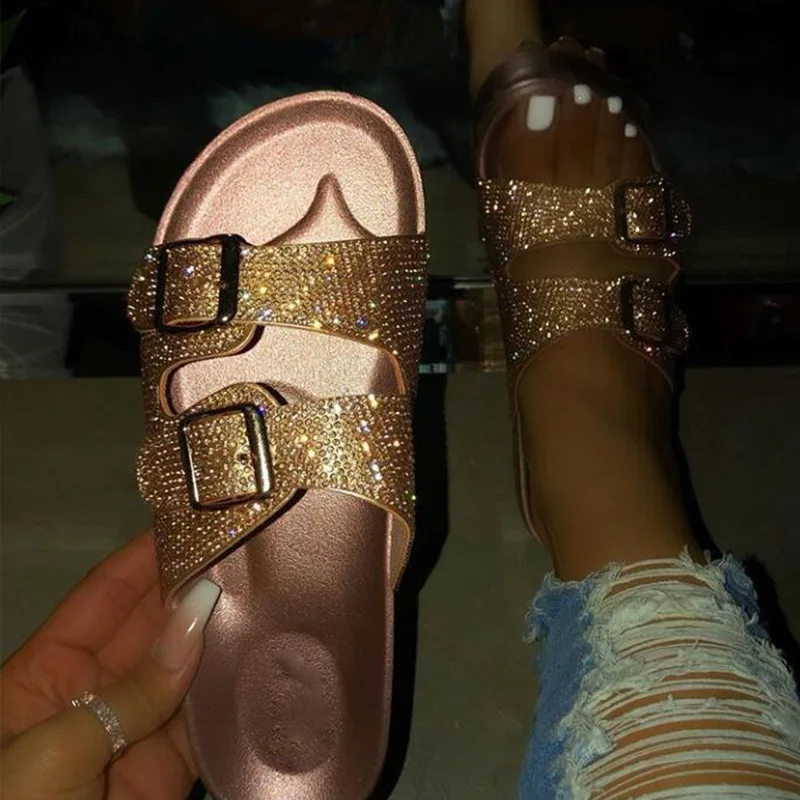 

Summer Women Crystal Double Buckle Slippers Glitter Flat Soft Bling Female Outdoor Ladies Slides Fashion Woman Beach Shoes New