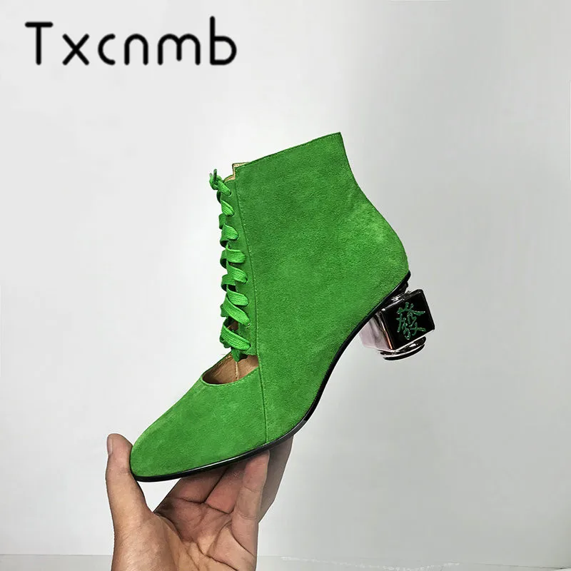 

TXCNMB Spring Suede Leather Boots Women Ankle Boots Round Toe High Heels Chelsea Boots Short Boots Party Shoes Woman