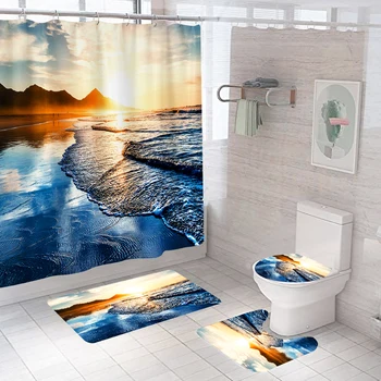 

4pcs Shower Curtain Set Toilet Lid Cover Modern Polyester Washable Home Floor Mat Natural Landscape Scenery Bathroom Decor Rugs