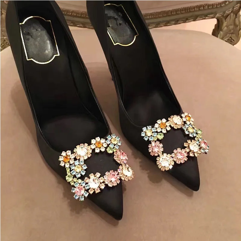 WEIQIAONA/фирменный дизайн; роскошные женские туфли на высоком каблуке с кристаллами; коллекция года; женские туфли с острым носком; свадебные туфли; модельные туфли-лодочки - Цвет: Flat black 2