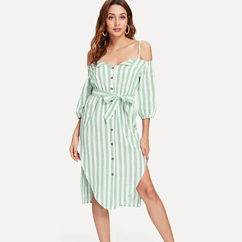 

Summer Lace Up Office Dress With Sashes Fashion Spaghetti Strap Irregular Dress For Women Striped Knee-Length Dresses