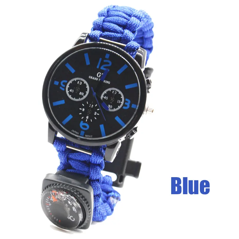 Открытый выживания часы многофункциональные часы с Паракордом с компасом свисток термометр спасательный веревка выживания браслет EDC Охота - Цвет: Blue