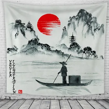

Chinese style ink painting tapestry Japanese plum blossom printed fabric decoration beach towel picnic mat sofa blanket