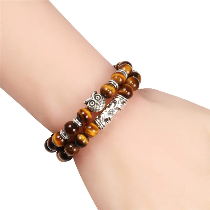 Natural Stone Bracelet Black Lava Tiger Eye Weathered Stone Bracelets Bangles Classic Owl Beaded Charm for Women and Men Yoga Jewelry