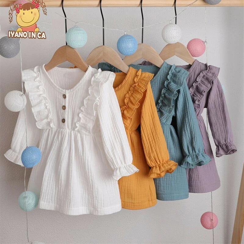 

Kids Autumn Dress Ruffles For Baby Girl Toddler Long Sleeve Solid Cotton Linen Party Casual Dress Clothes 1-6T 2020 New Fashion