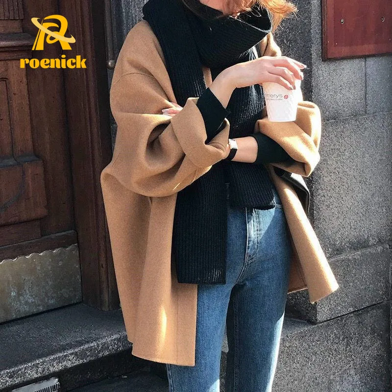 

Женское осеннее шерстяное пальто ROENICK, женское однобортное свободное повседневное зимнее пальто с длинным рукавом и отложным воротником, 2021