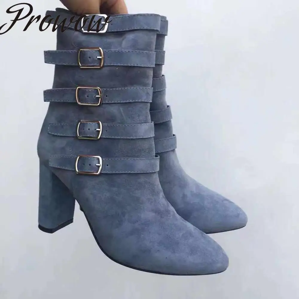 

Prowow New Suede Leather Buckle Strap Ankle Boots Sexy Pointed Toe High Heel Autumn Winter Boots Shoes Women