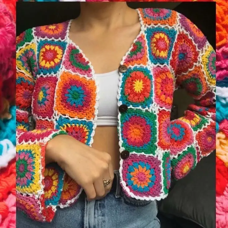 2021 BOHO Cardigan all'uncinetto a mano con fiori scozzesi