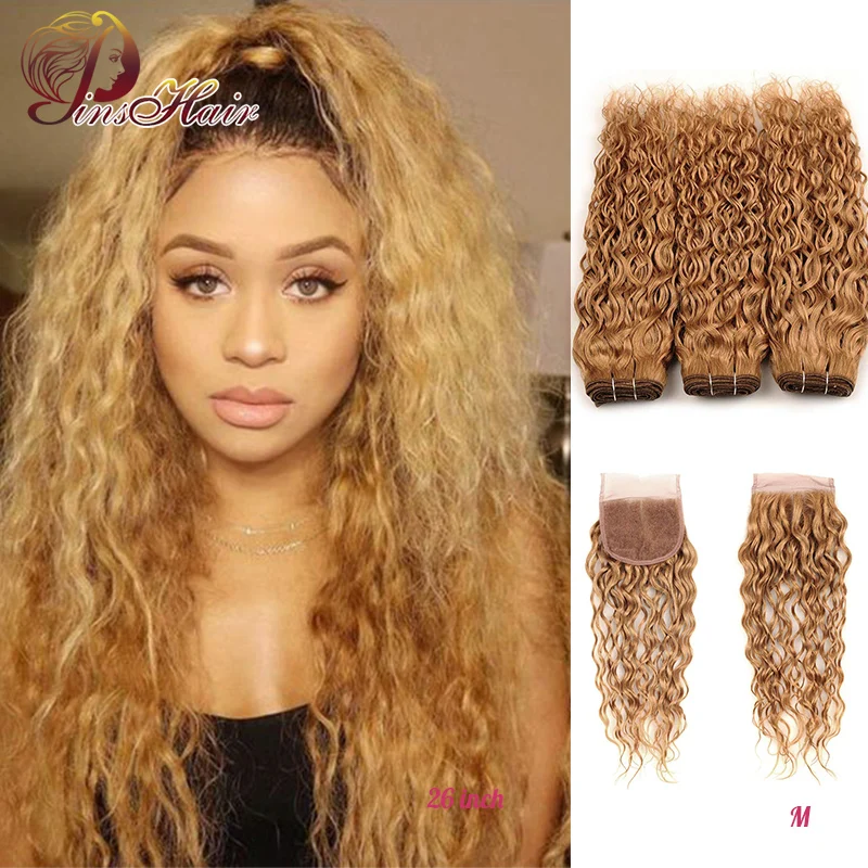 Honey Blonde Brazilian Water Wave 3 Bundles With Closure Gold Blonde