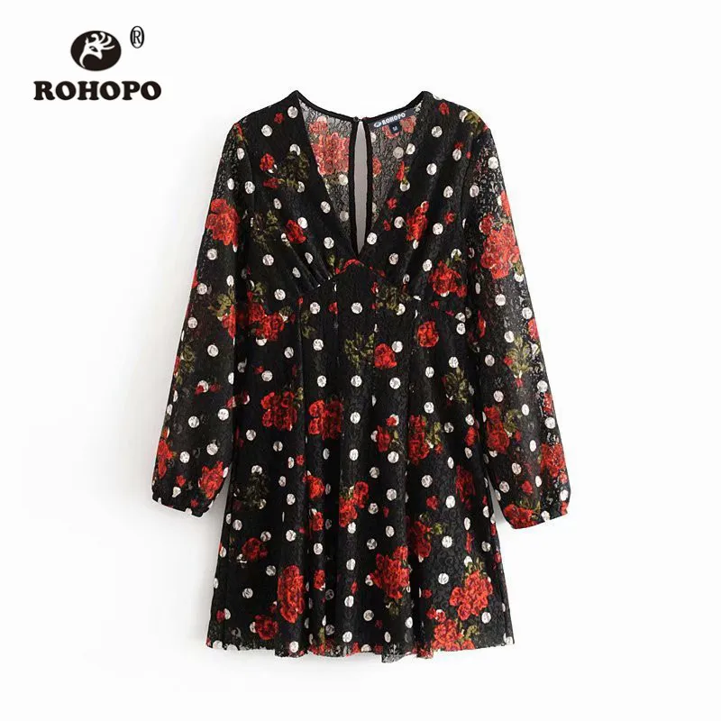 ROHOPO, три четверти, красное, цветочное, белое, в горошек, черное, кружевное, вечерние, платье с v-образным вырезом, с разрезом на спине, плиссированное, снизу, мини, Vestido#9500 - Цвет: Черный