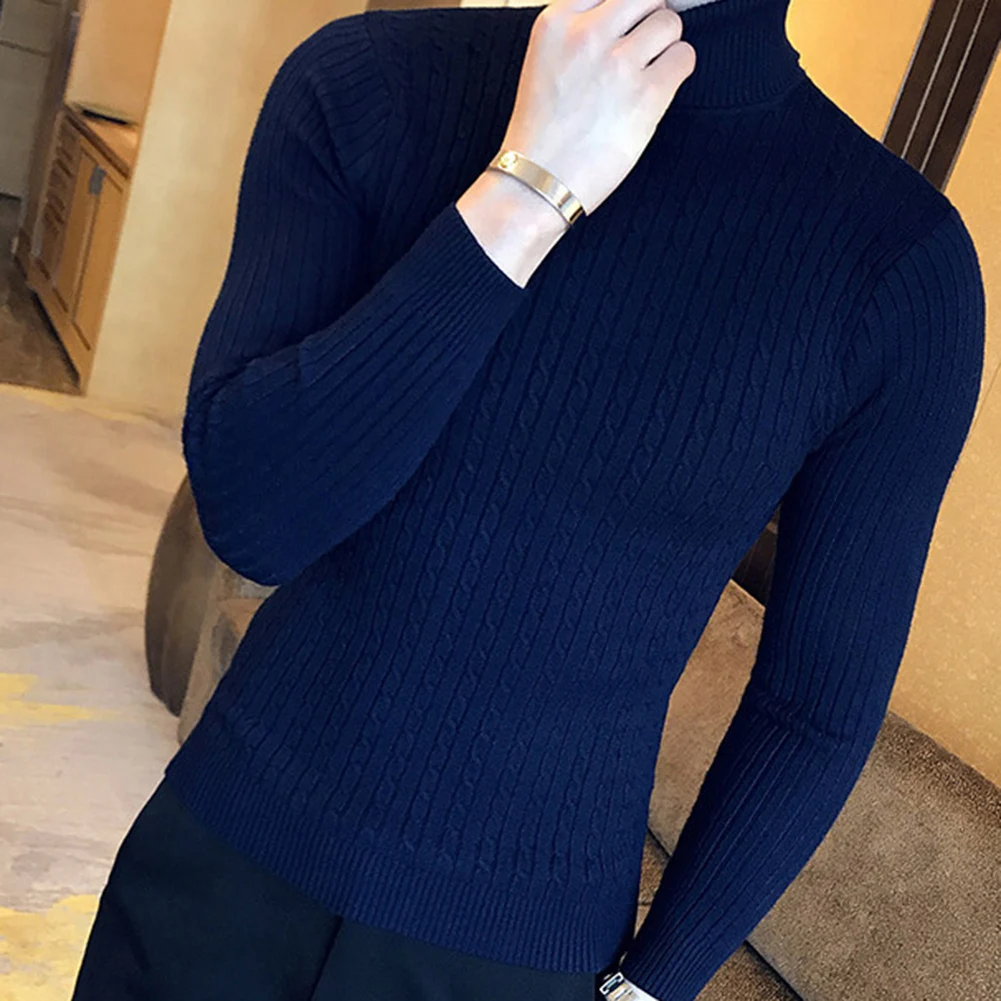 Casual Men Winter Solid Color Turtle Neck Long Sleeve Twist Knitted Slim Sweater Men's Knitted Sweaters Pullover Men Knitwear 2