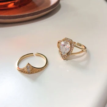 

Vintage 2 Pieces Set 925 Sterling Silver Zirconia Rings Simple Retro Crown Gem Ring Gold Stacked Open Cuff Rings Gifts for Women
