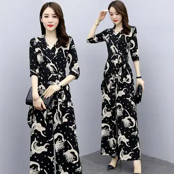 

M-4XL woman print blouse wide leg Pants fashion summer Suit Women 2-Piece Set