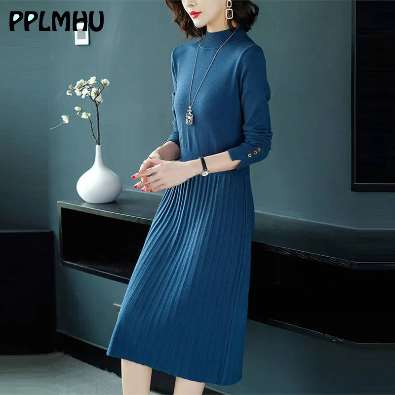 

Autumn office turtleneck knitted dress for women 2020 pleated Sweaters dresses vintage long sleeves female A-line winter dresses