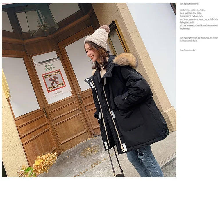 Основной пуш-ап белый средней длины свободный крой с капюшоном большой меховой воротник рабочая одежда хлопок пальто корейский стиль стиль BF пальто для женщин