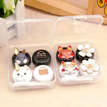 

2pairs Animal Contact Lens Case Set Cute Rabbit Fox Flower Contact Lenses Box Container For Lenses Travel Eyewear Accessories