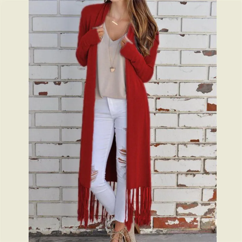 

New European Women Autumn Split Slim Cardigan Long Sleeve Loose Long Tassel Cardigan Women Open Stitch Autumn Winter Sweaters