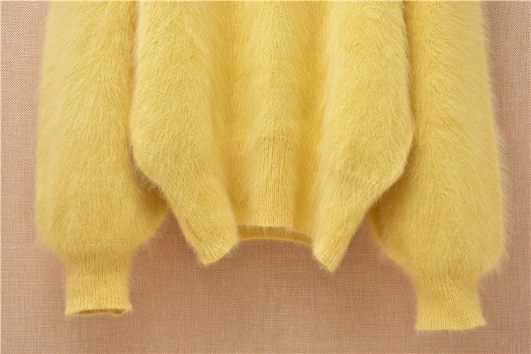 Корейский женский плюшевый свитер из меха кролика ангоры с О-образным вырезом, Свободный пуловер с длинными рукавами-фонариками, зимняя норковая шуба