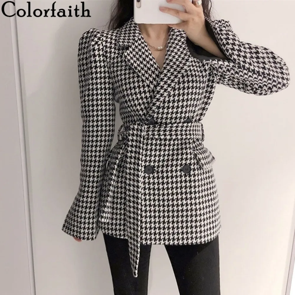 Women Jacket Blazers Houndstooth Colorfaith Spring New Winter Woolen Lace-Up JK8053 Checkered-Puff-Sleeve