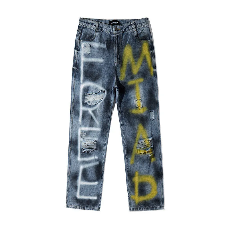 

KIMSERE Men's Hi Street Destroyed Jeans Pants With Holes Printed Ripped Denim Trousers Washed Blue Graffiti Jeans Straight Fit