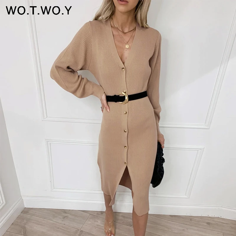 WOTWOY Autumn Winter Basic Long Cardigans Women Casual Single Breasted V neck Knitting Sweaters Female Button Sweater Lady 2020|Cardigans|   - AliExpress