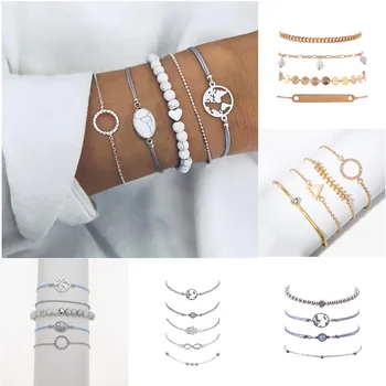 

Bohemian Retro Map Heart Love Bead Natural Stone Bracelet Set For Women Crystal Triangle Circle Bracelets Trendy Party Gift