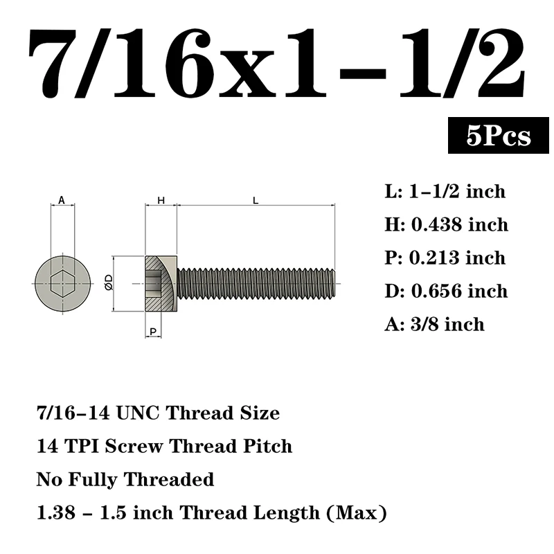 5Pcs Дюймовый 7/16 болт из нержавеющей стали ANSI B18.3 стандарты производства велосипедов шестигранный болт мебель шестигранный болт - Цвет: 5Pcs