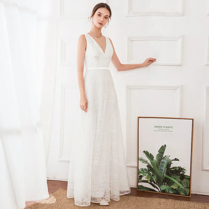 

BacklakeGirls Simple Evening Dress Ever Pretty Deep V Neck Sleeveless White Lace Bride Dress Vestidos Casamento