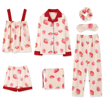 

7Pcs/set Women Pajama Set Soft Strawberry Pants Shorts Long Sleeves V Neck Top Sleepwear with Eyes Cover FS99
