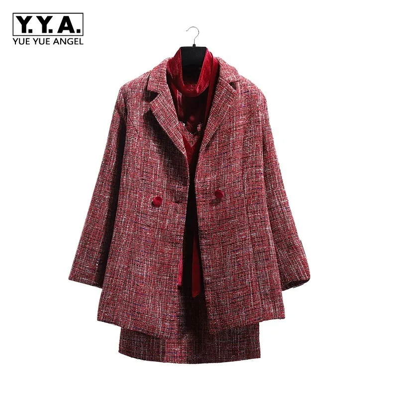 

Winter Temperament Ladies Small Fragrance Velvet Dress + Knit Coarse Woolen Jacket Two Sets Women Plaid Coats Female Ribbons