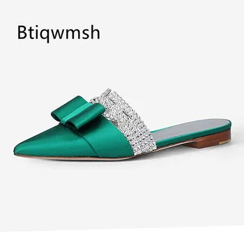 

2020 New Rhinestone Slippers Women Pointed Toe Black Red Green Luxury Satin Flat Shoes Woman Fashion Gladiator Sandals