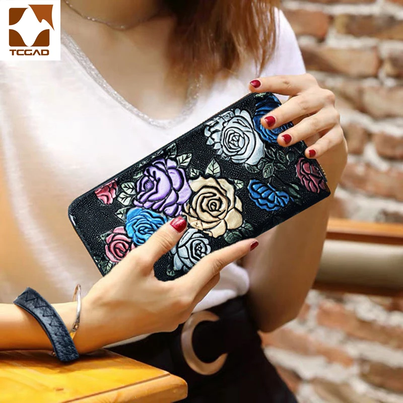 Long Leather Wallet for Women, Retro Clutch, Rose Flower Pattern, Designer Purse, Wristlet, Phone Bag, Female 2024 New