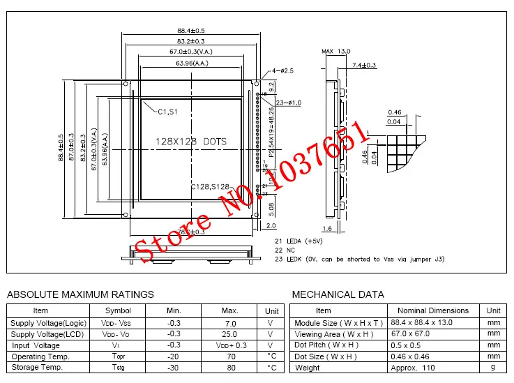 Módulo lcd 128128 128x128 display gráfico 88.4x88.4mm