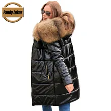 Fandy lokar, белый утиный пух, водонепроницаемые куртки, для женщин, зимние, теплые, настоящий, большой мех енота, с капюшоном, пальто, женские, пуховики, длинные пальто